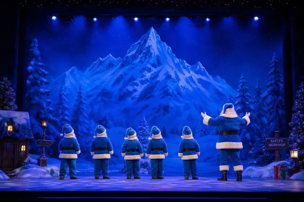 Snøkldet fjell i mørkeblått lys med fem små og fem store nisser kledt i blått snudd mot fjellet, som illustrasjonsbilde for beskrivelsen av Jul i Blåfjell på Christiania Teater