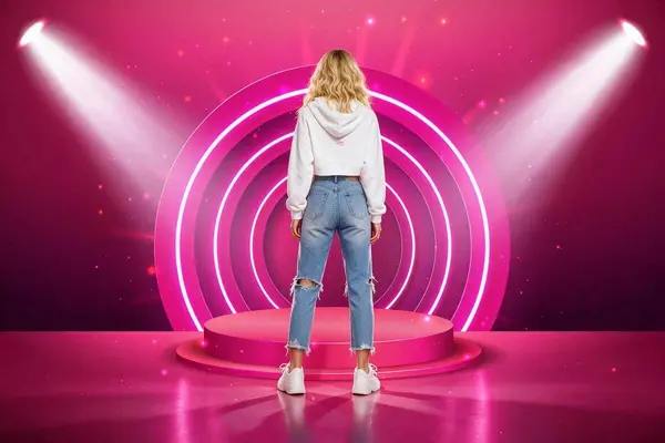 En jente med lyst hår, hvit hettegenser og jeans med ryggen til kamera på en pink scene, som illustrasjonsbilde til beskrivelsen av barneshow i Cornerhagen i Bergen
