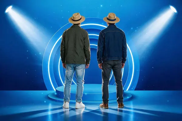 To menn med ryggen mot kamera på en blåfarget scene, som illustrasjonsbilde for beskrivelsen av Kmutsen & Ludvigsen konserten i Cornerhagen i Bergen