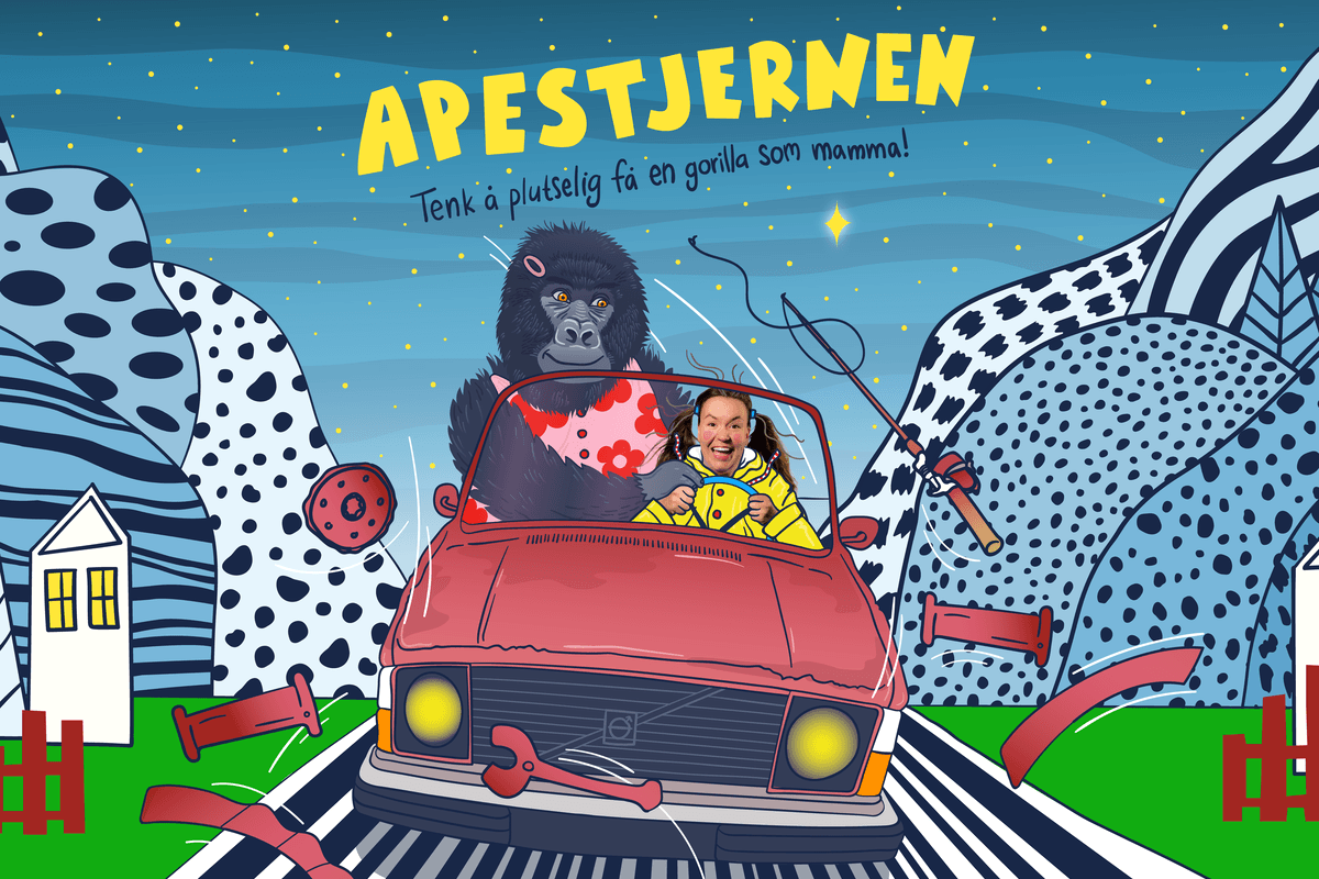 Illustrasjon for forestillingen Apestjernen på Riksteatret i Nydalen, med bilde av en gorilla og hovedrolleinnehaveren i en bil