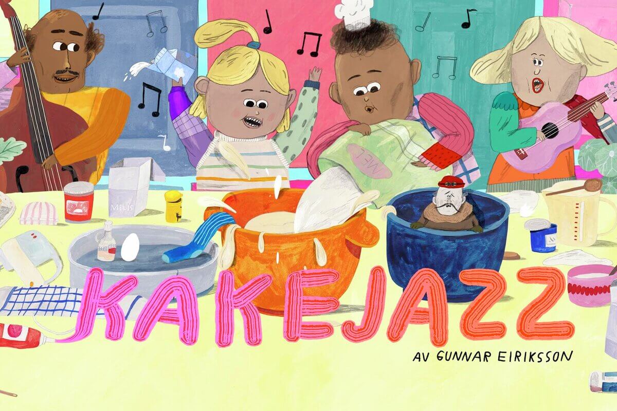 Illustrasjon for forestillingen Kakejazz med Riksteatret i Nydalen med et bord fullt av boller og bakeutstyr og en familie bak bordet