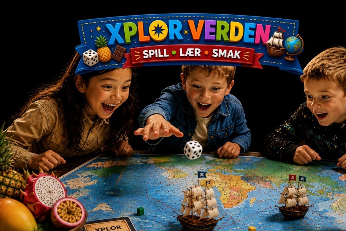 Illustrasjon med tre barn som entusiastisk kaster en terning over et verdenskart med modellskip på, som illustrasjonsbilde for Xplor Verden på Sentralen