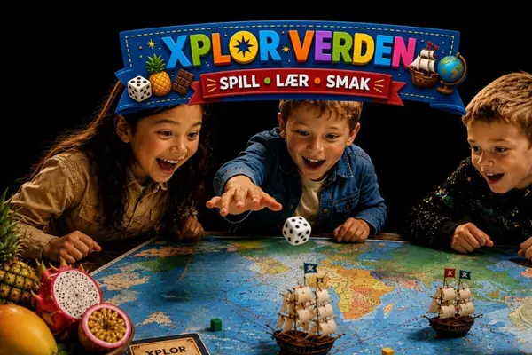 Illustrasjon med tre barn som entusiastisk kaster en terning over et verdenskart med modellskip på, som illustrasjonsbilde for Xplor Verden på Sentralen 