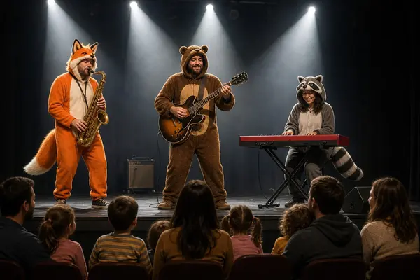 Illustrasjon med tre dyremusikanter med hvert sitt instrument som står på en mørk scene, som illustrasjonsbilde for beskrivelsen av Mikkel og Reverockerne på Bærum Kulturhus
