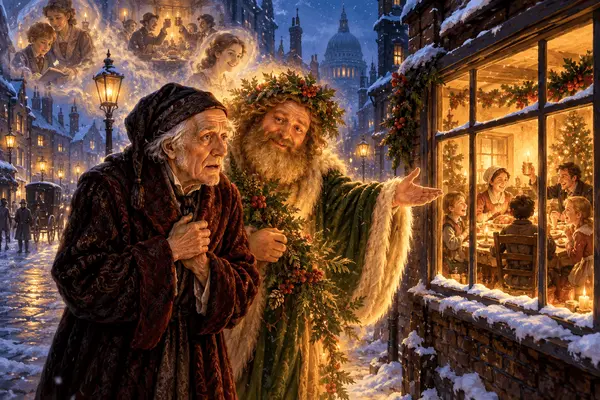 Illustrasjon med Scrooge som står sammen med en av åndene og ser inn gjennom et vindu, som illustrasjonsbilde for beskrivelsen av forestillingen Scrooge - Et eventyr på Lillestrøm Kultursenter