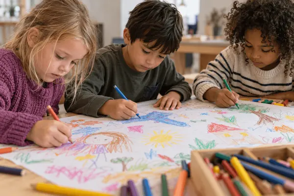 Tre barn som sitter konsentrert ved et bord og tegner, som illustrasjonsbilde for beskrivelsen av drop-in tegneverksted på MUNCH