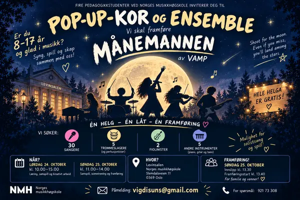 Plakat med tegning av musikere i silhuett mot en stor måned på en mørk himmel, som illustrasjonsbilde for beskrivelsen av pop-up kor og ensemble for egen versjon av Månemannen