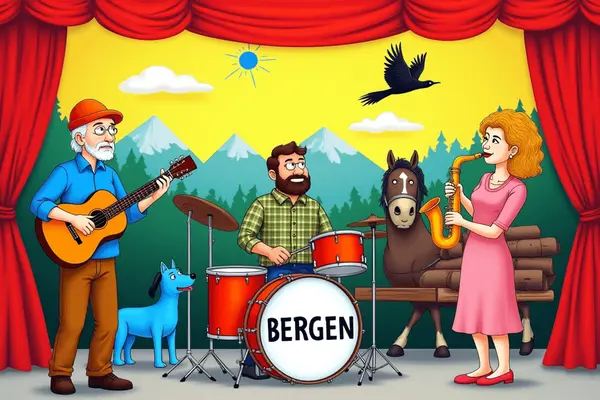 En illustrasjon av tre musikere som spiller gitar, trommer og saksofon på en scene med Bergen skrevet på trommesettet, omgitt av fjell, skog og dyr, som illustrasjonsbilde for aktivitetsprofilen om Barnelørdag i bydelene Bergenhus og Årstad