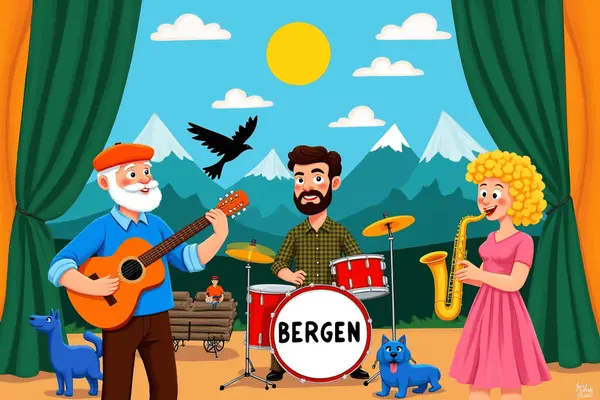Fargerik illustrasjon av musikere som spiller gitar, trommer og saksofon, som illustrasjon for beskrivelsen av barnelørdag i bydelene Arna og Åsane