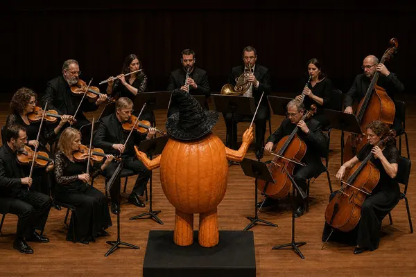 Et menneskelignende gresskar som dirigerer et symfoniorkester, som illustrasjonsbilde for beskrivelsen av Halloweenkonsert med Oslo Filharmonien i Oslo Konserthus