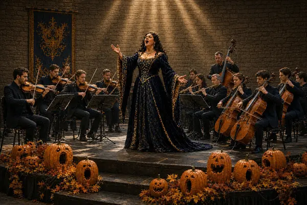 Sangerinne foran et klassisk orkester omgitt av gresskar, som illustrasjonsbilde for beskrivelsen av konserten Det spøker i Håkonshallen med Sjøforsvarets musikkorps