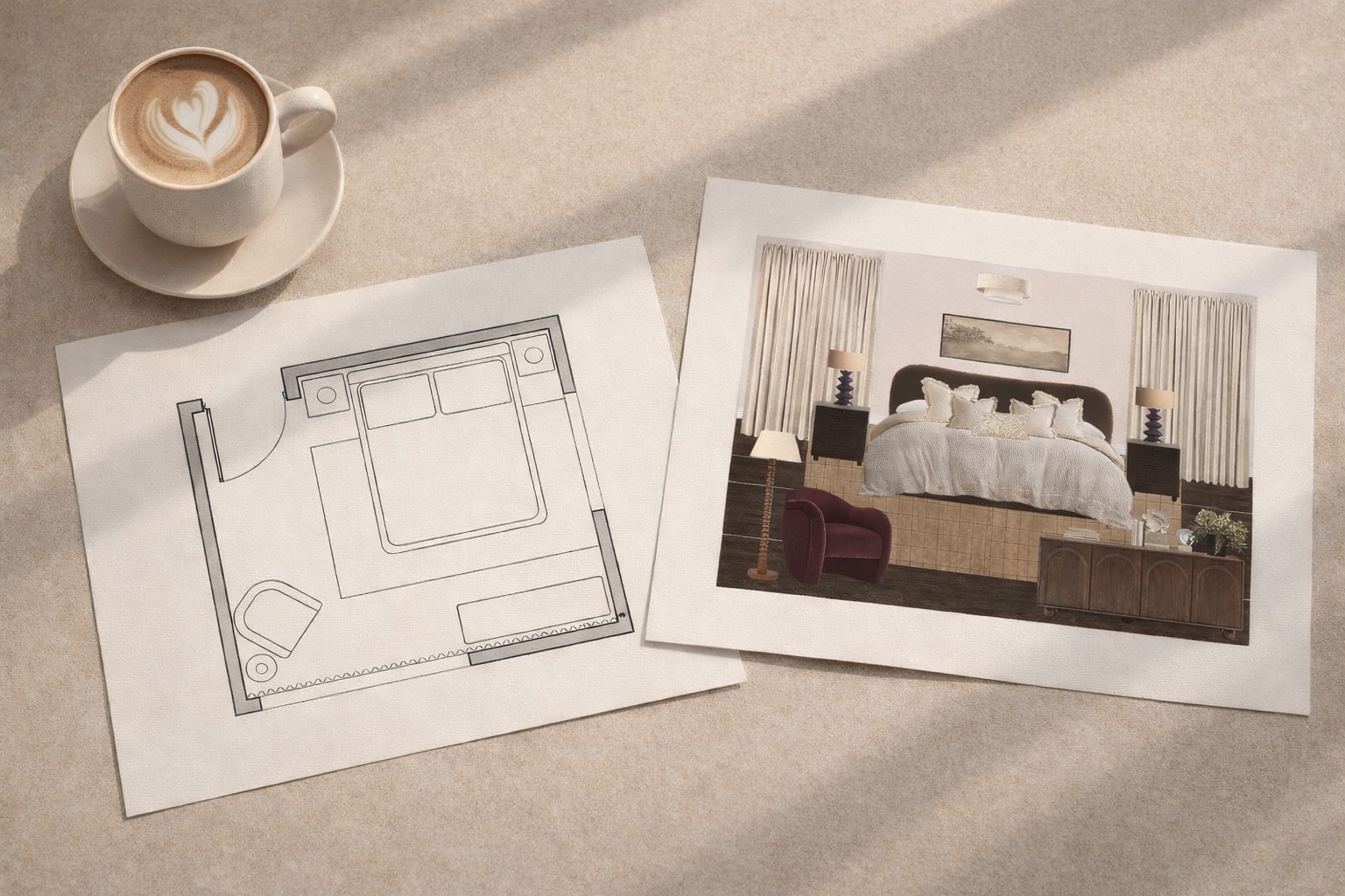 Interior design desk scene with bedroom plan and mood board