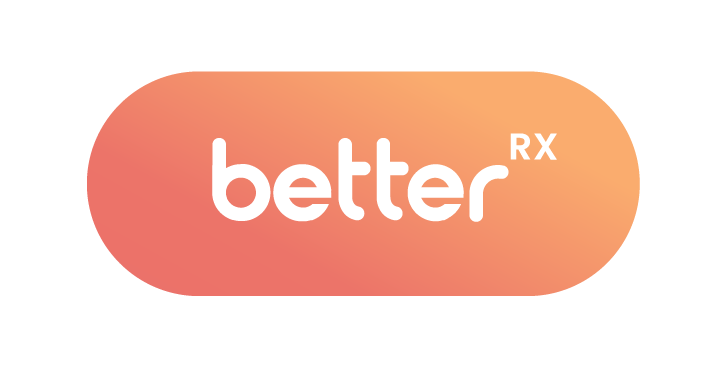 Logo for BetterRX with white text on an orange gradient pill-shaped background.