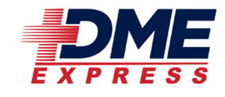 Logo of DME EXPRESS with stylized red and blue letters and red horizontal stripes.