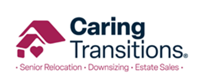 Caring Transitions logo with a stylized house and heart icon and text highlighting senior relocation, downsizing, and estate sales services.