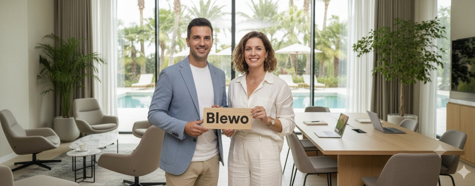 Couple d'hôteliers tenant une pancarte Blewo dans un espace lounge premium avec vue sur piscine et palmiers