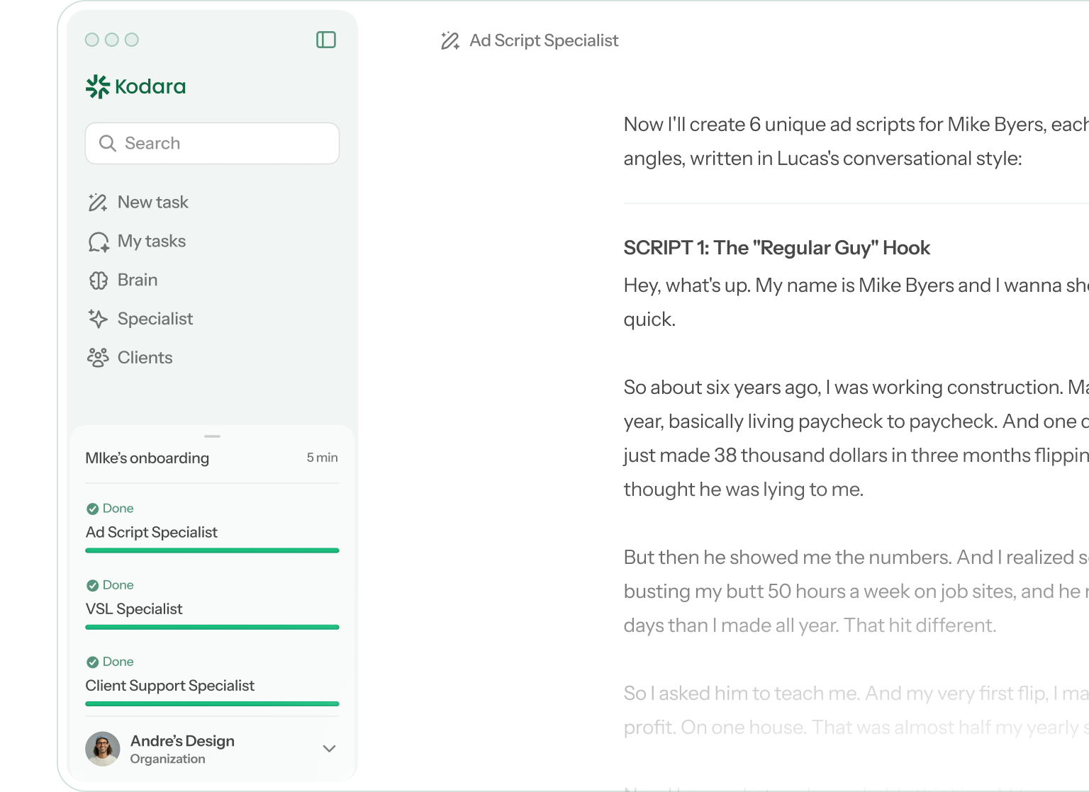 Kodara dashboard with a left sidebar menu and a main panel showing an “Ad Script Specialist” task, including a sample script titled “The Regular Guy Hook.
