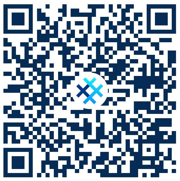 QR code with a blue and dark blue intersecting lines symbol in the center.