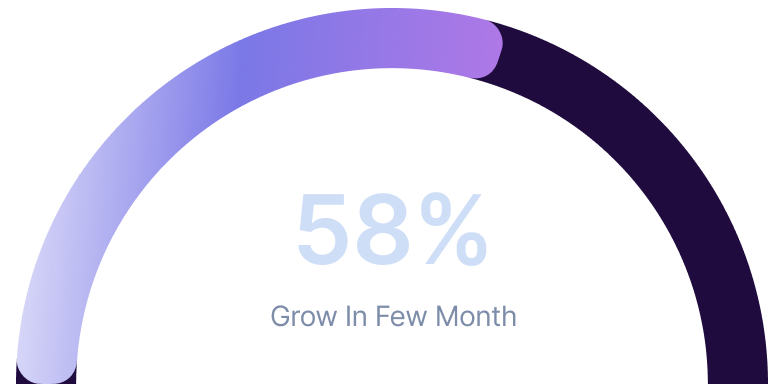 Circular progress bar showing 58% growth in a few months with gradient purple shades.