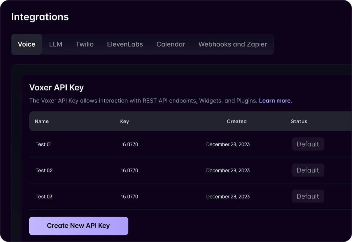 Interface showing Voxer API Key management with three test keys listed, each with creation date December 28, 2023, and status set to Default, plus a button to create a new API key.