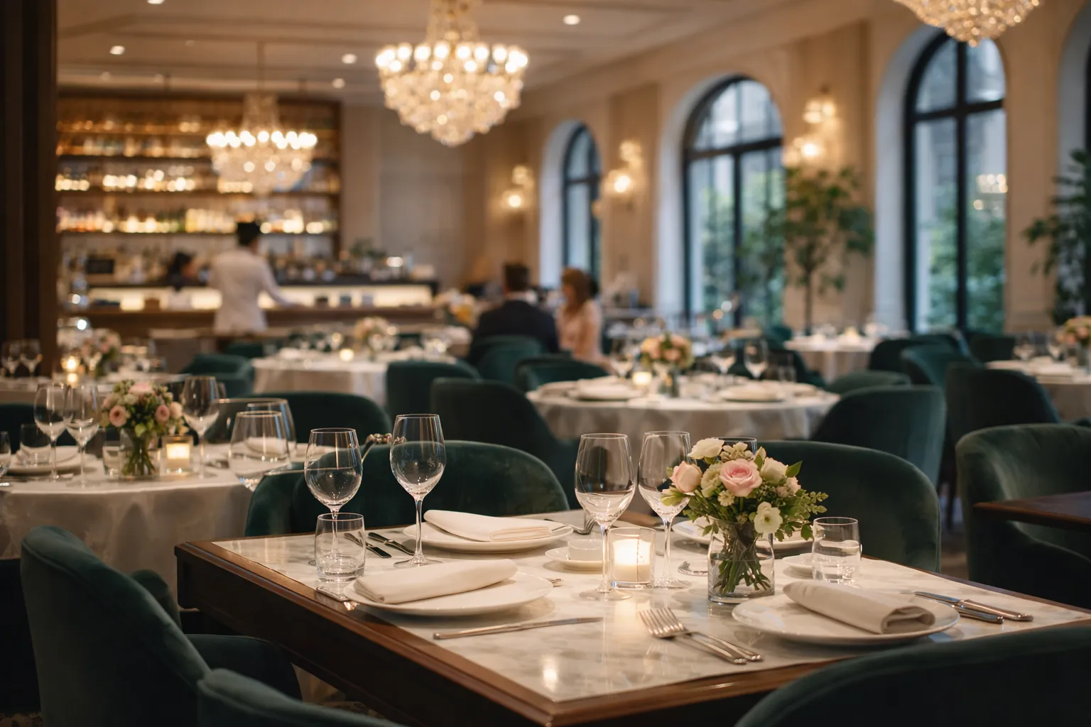 Elegantes Restaurant mit gedeckten Tischen, Blumenarrangements und Kronleuchtern in warm beleuchtetem Raum.