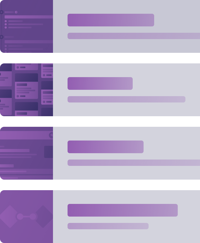 Stylized interface showing four rows with purple thumbnails on the left and horizontal purple text bars on the right, set against a dark blue background.