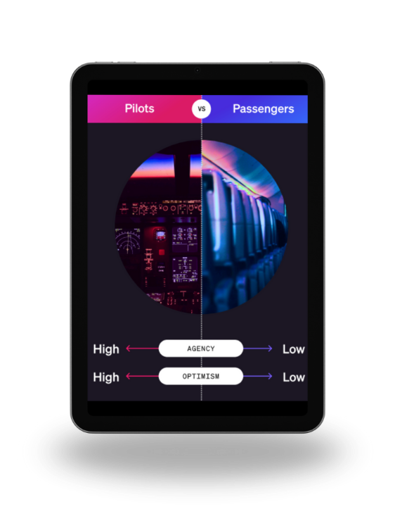 Image of a tablet showing the BetterUp website with the headline "Pilots vs. Passengers"
