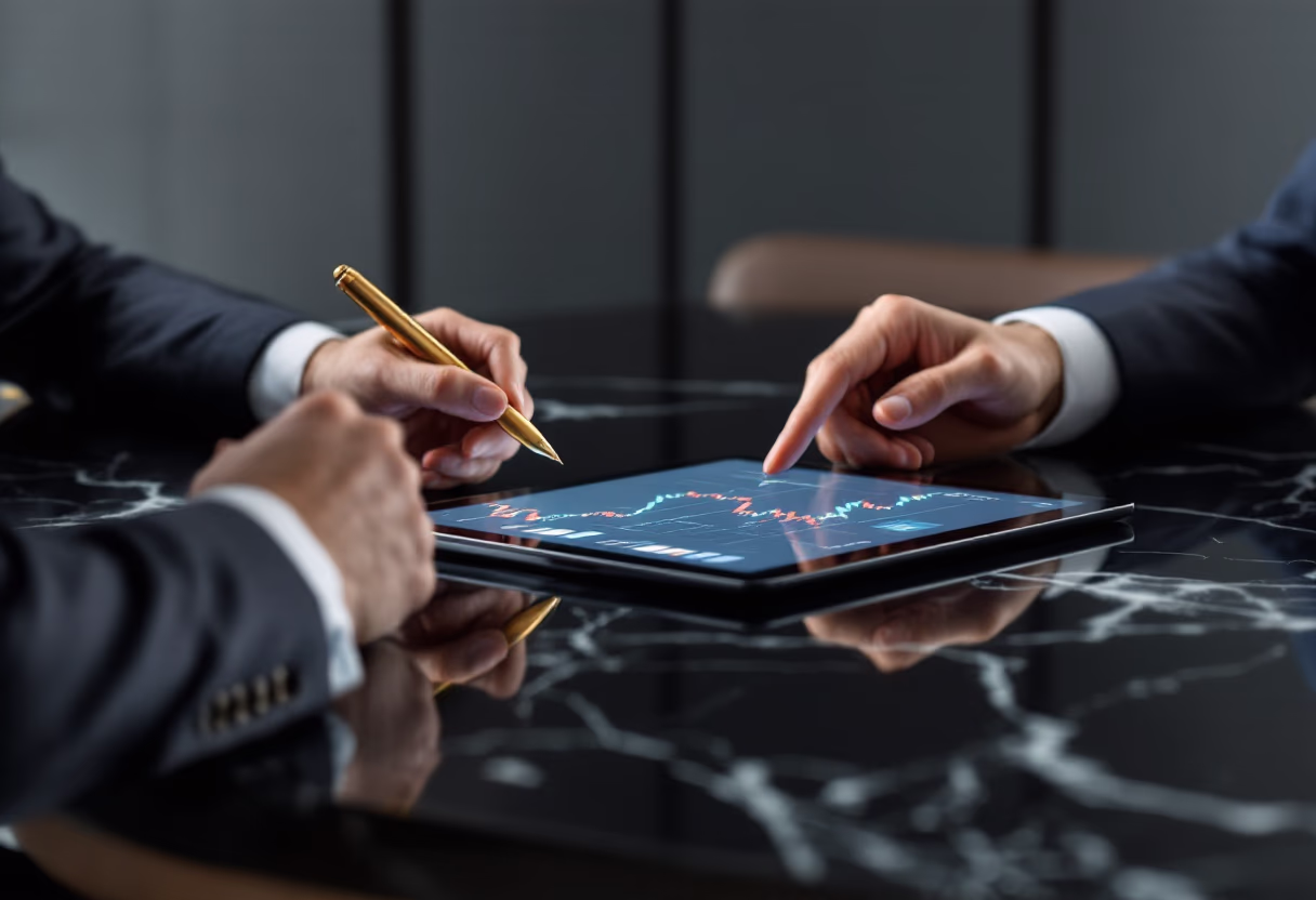 Beginnende trader krijgt 1-op-1 uitleg over een koersgrafiek op een tablet, met focus op leren traden met een plan.