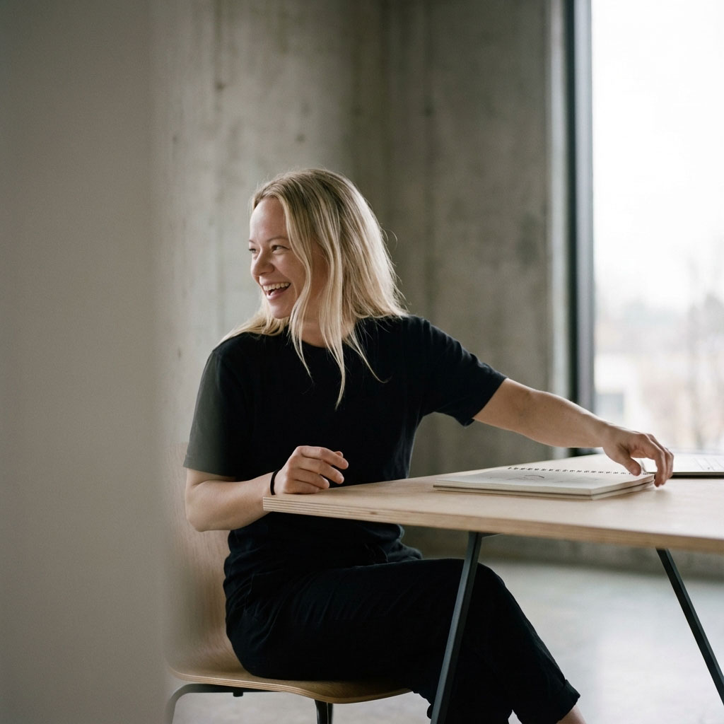 Smiling woman with blonde hair sitting on a wooden chair by a table, reaching for a notebook.