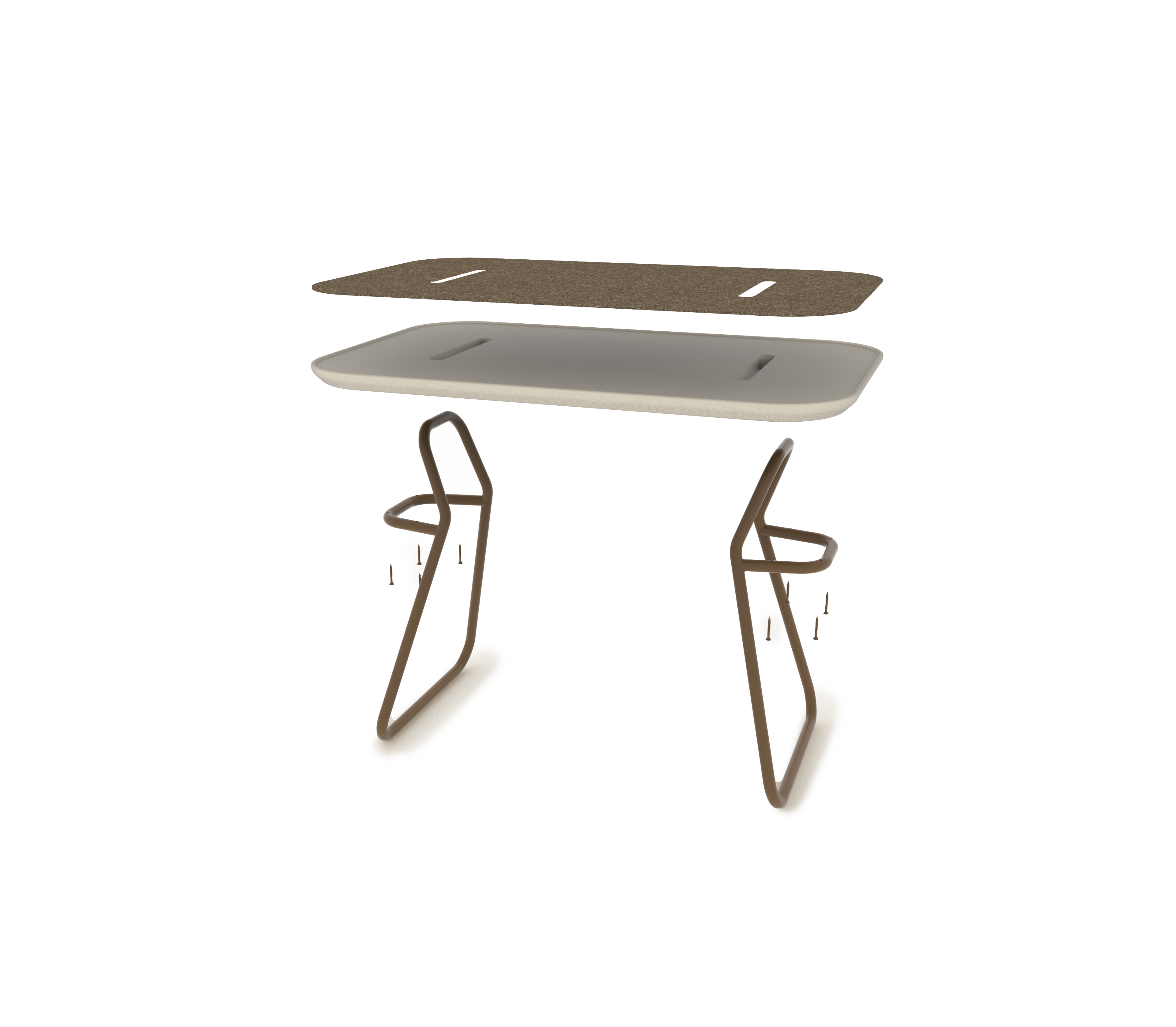 Exploded view of a modern table with two brown metal legs and two layered flat surfaces.
