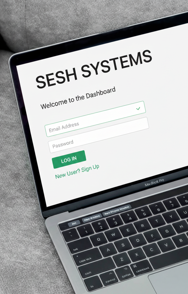 Laptop screen displaying SESH SYSTEMS login page with email and password fields, log in button, and sign-up link.