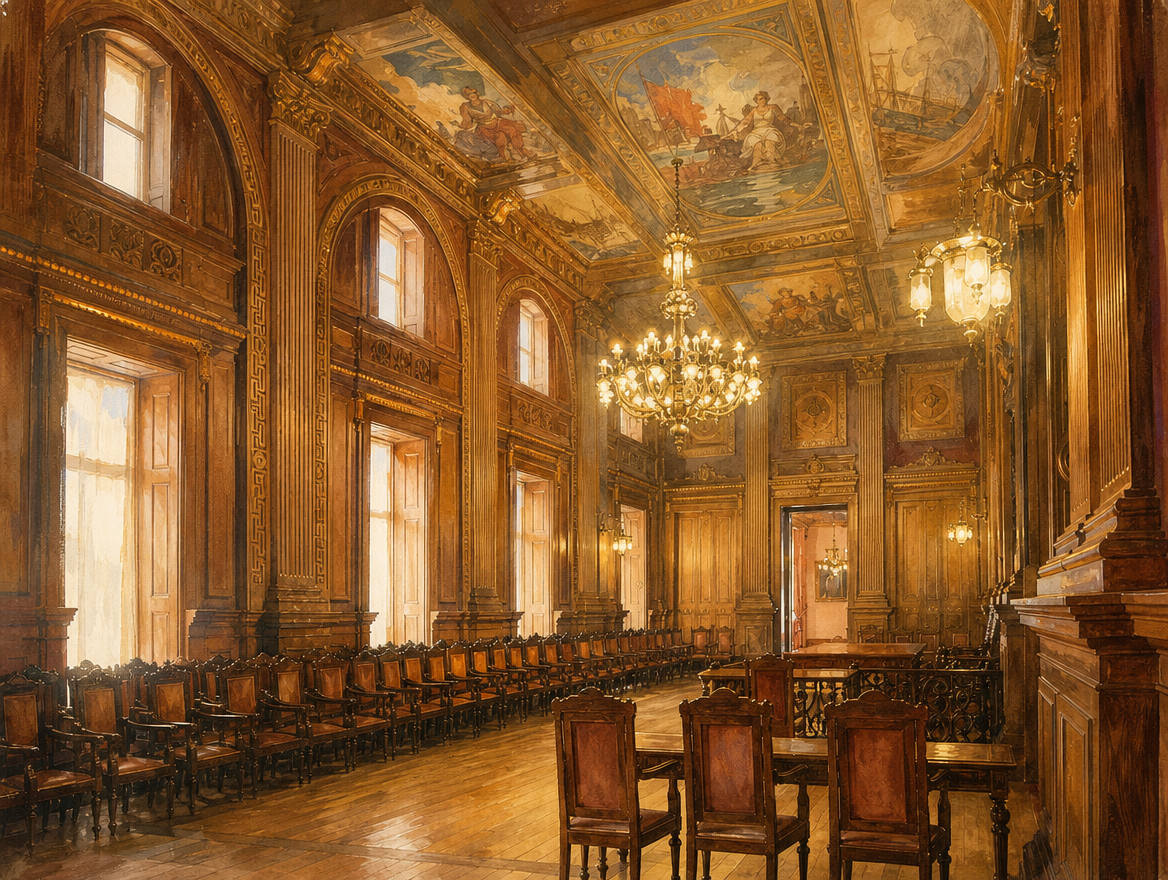 Grande salle intérieure du Palácio da Bolsa, plafond peint d'allégories du commerce