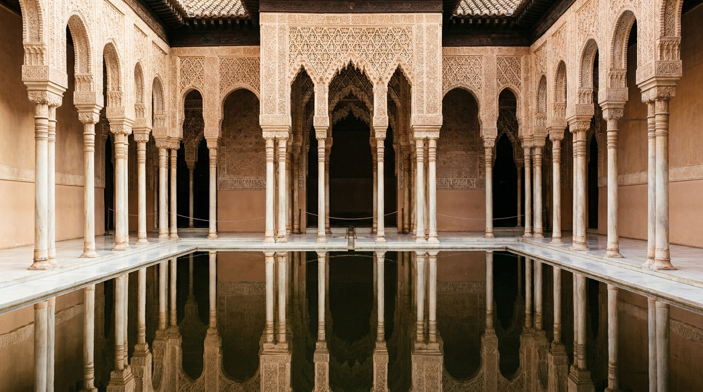 Patio intérieur de l'Alhambra, arcs de stuc sculpté