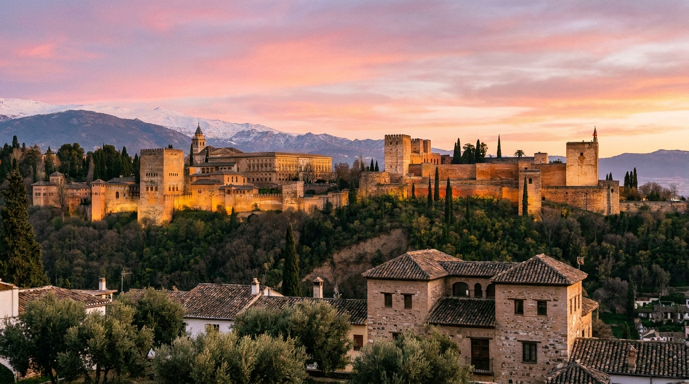 Vue générale de l'Alhambra de Grenade au lever du soleil