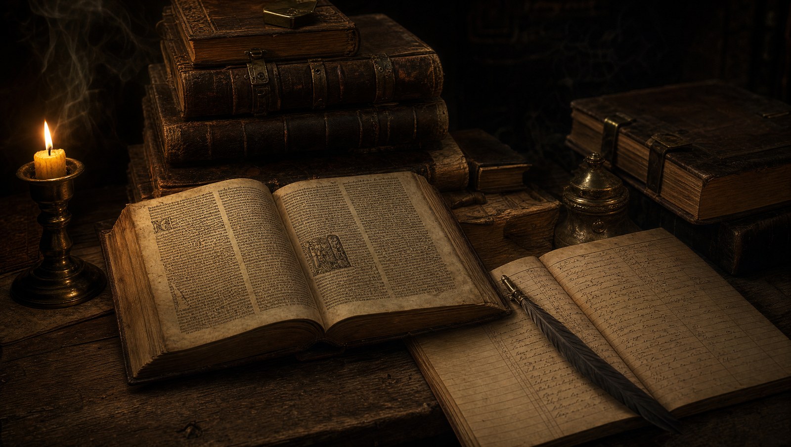 Livres reliés du XVIe siècle et registre manuscrit à la lueur d'une bougie
