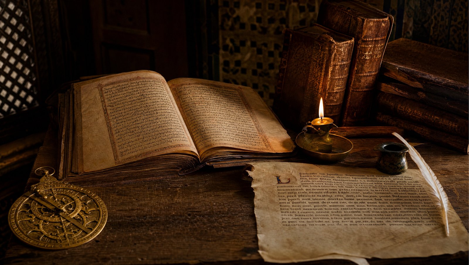 Table de traducteur du XIIe siècle à Tolède : manuscrit arabe, parchemin latin, plume et lampe à huile