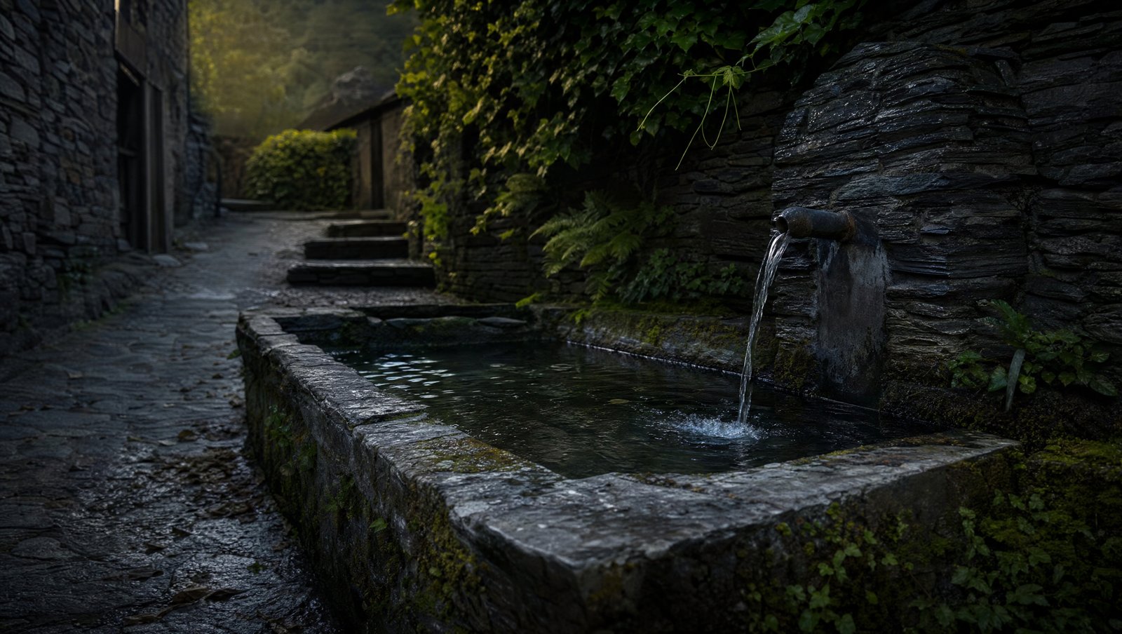 Vieille fontaine et bassin de pierre dans un village de schiste de la Serra da Lousã