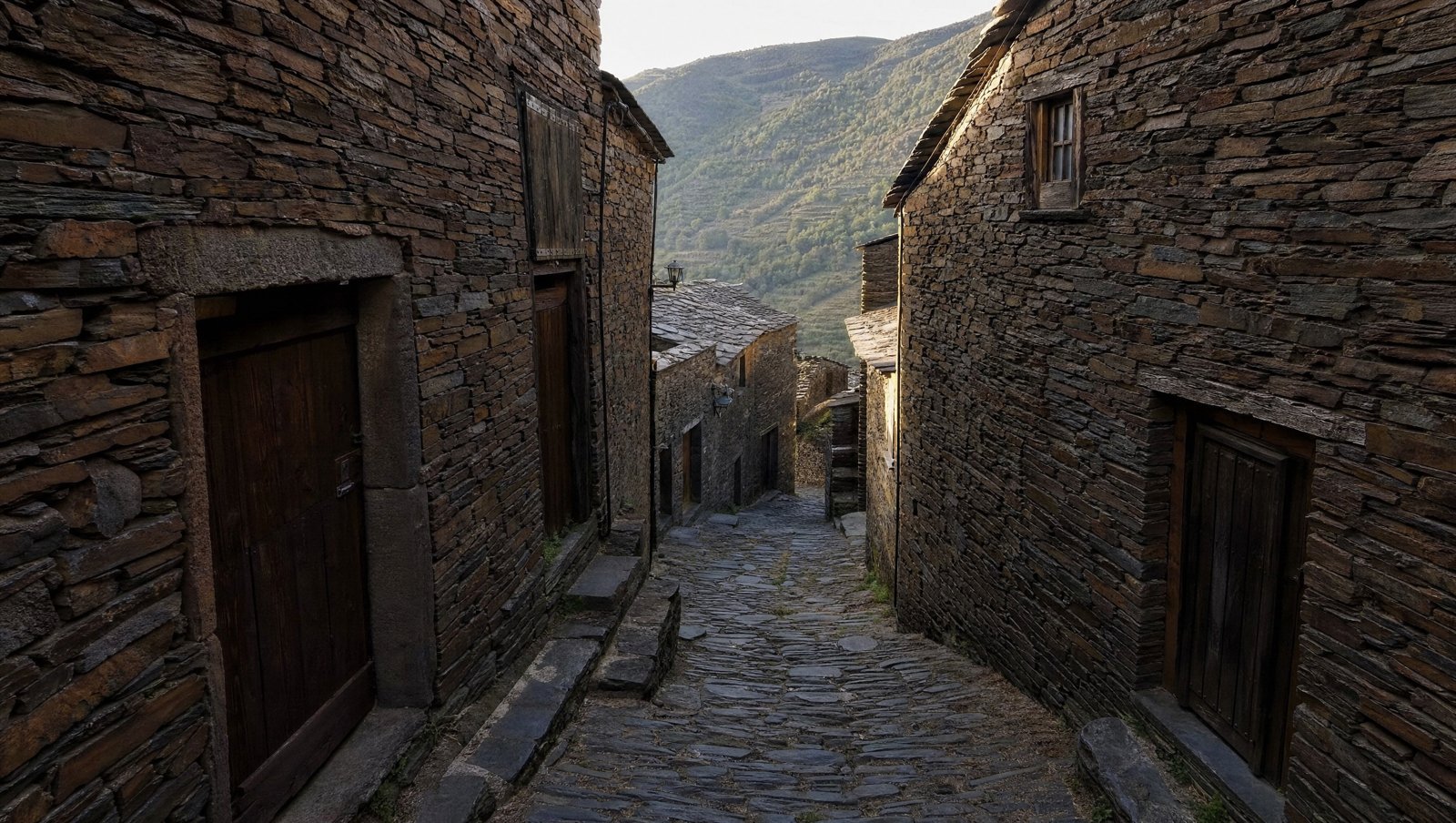 Ruelle étroite et pentue bordée de maisons de schiste à Talasnal