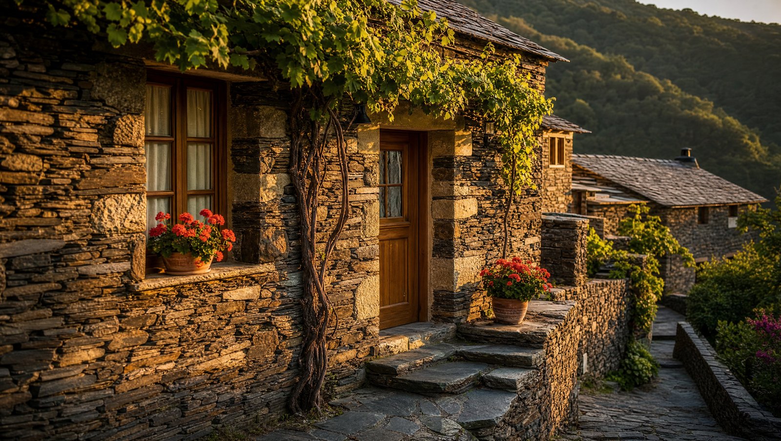 Maison de schiste restaurée à Talasnal dans la lumière dorée du soir
