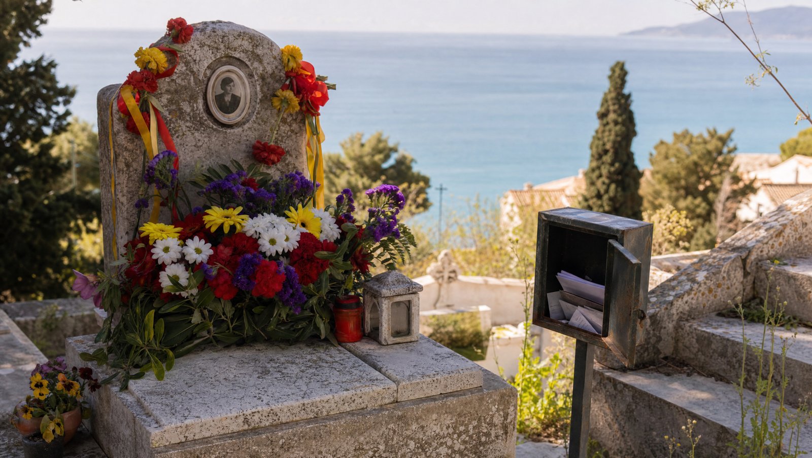 Tombe de pierre dans un cimetière méditerranéen, fleurs rouges jaunes et violettes et petite boîte aux lettres