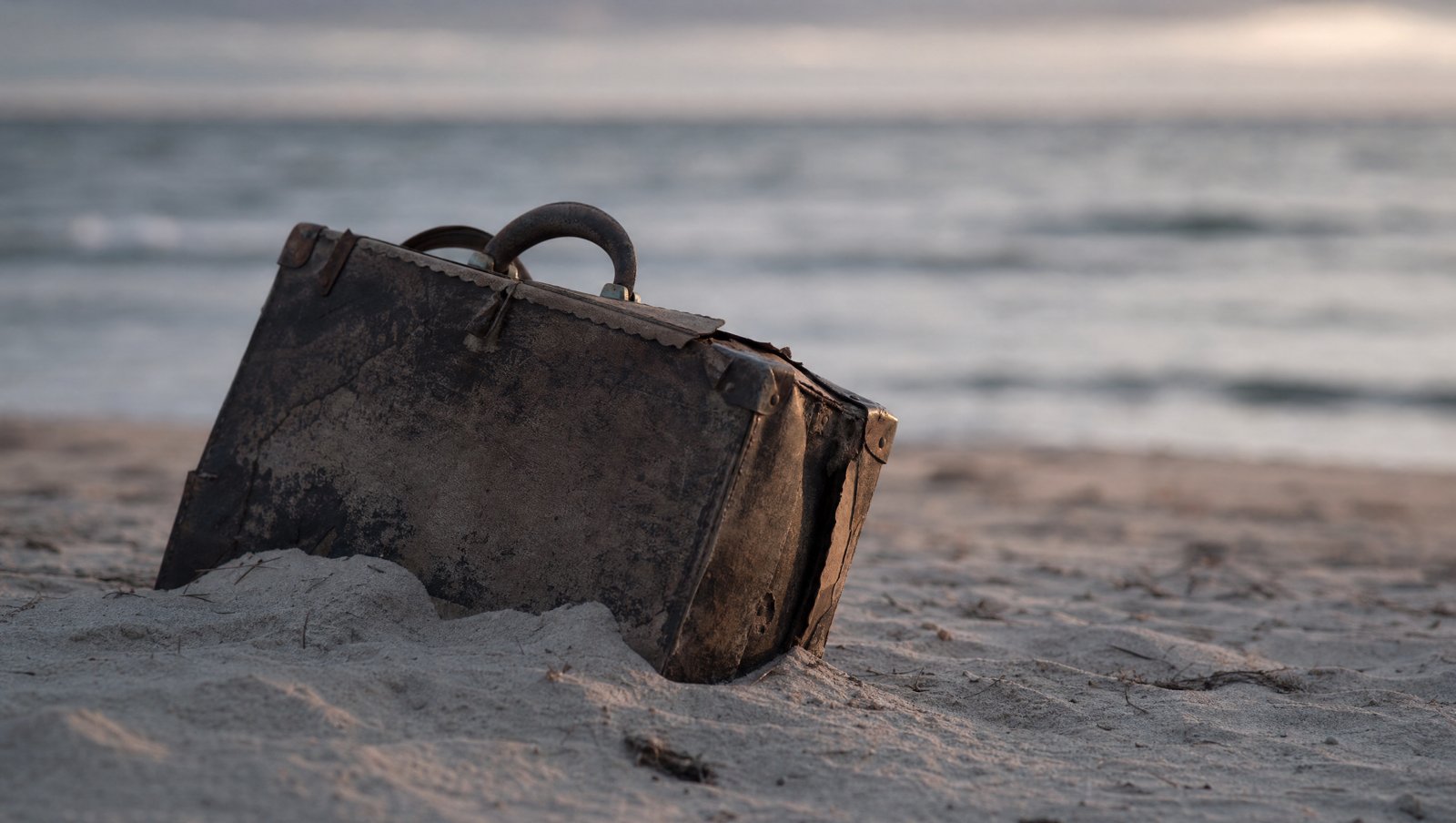 Vieille valise usée à demi enfouie dans le sable, au bord de la mer