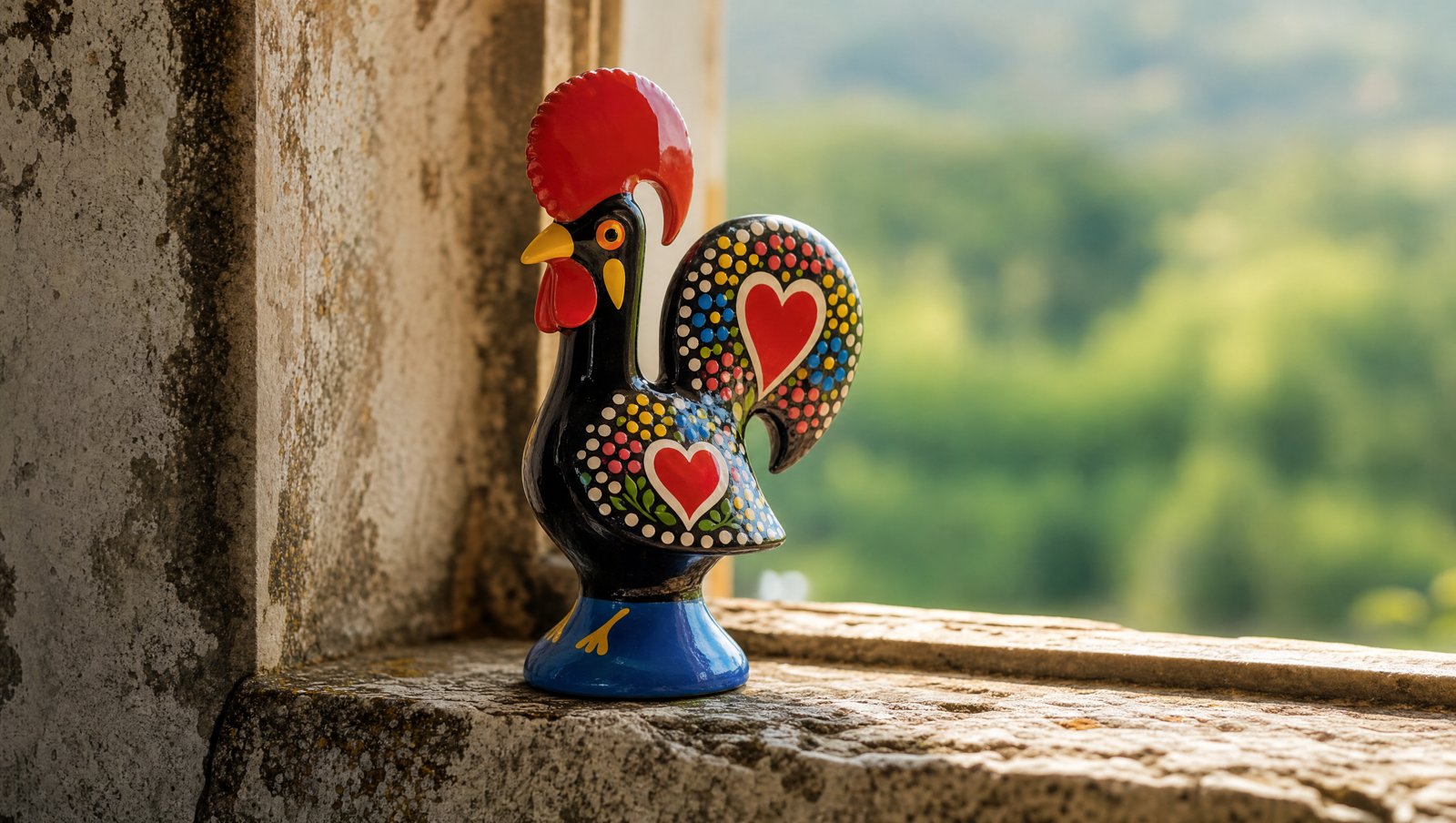 Coq de Barcelos en céramique peinte sur un rebord de pierre