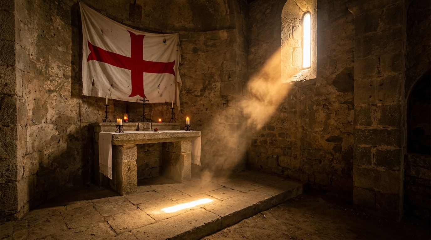 Intérieur d'un ermitage de pierre avec la croix rouge de saint Georges sur une bannière blanche, rai de lumière
