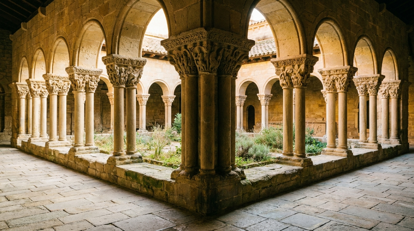 Le cloître roman de San Pedro el Viejo à Huesca, colonnes jumelées et chapiteaux sculptés