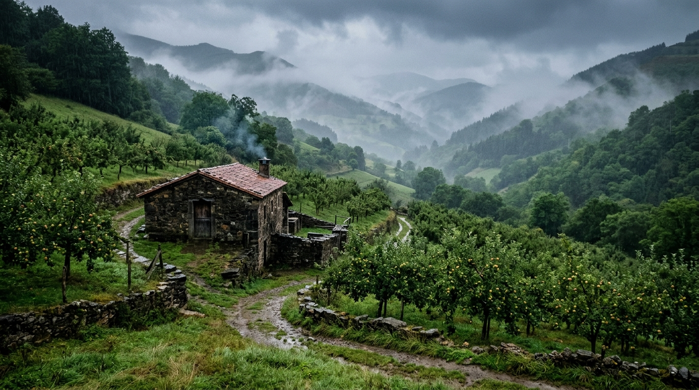 Vallée verte et brumeuse des Asturies sous une pluie fine, pommiers en rangs et murs de pierre sombre d'une cidrerie traditionnelle (llagar), lumière humide de fin de journée