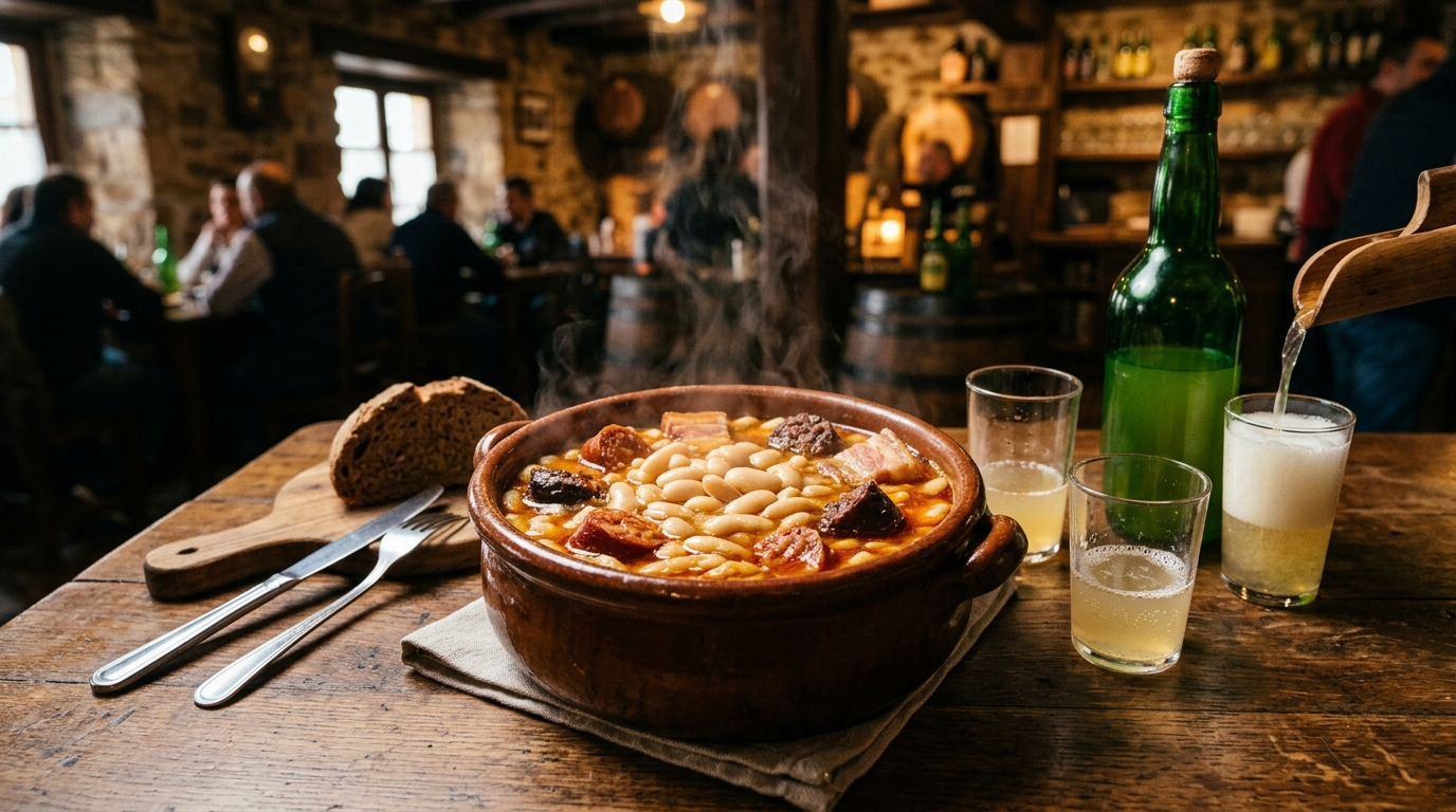 Table en bois d'une cidrerie asturienne avec une fabada fumante (haricots blancs et charcuterie) dans une cassolette de terre, verres de cidre trouble, ambiance chaleureuse et rustique en lumière tamisée