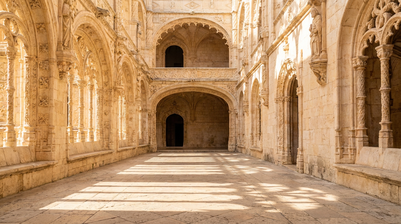 Cloître du monastère des Hiéronymites baigné d'une lumière dorée