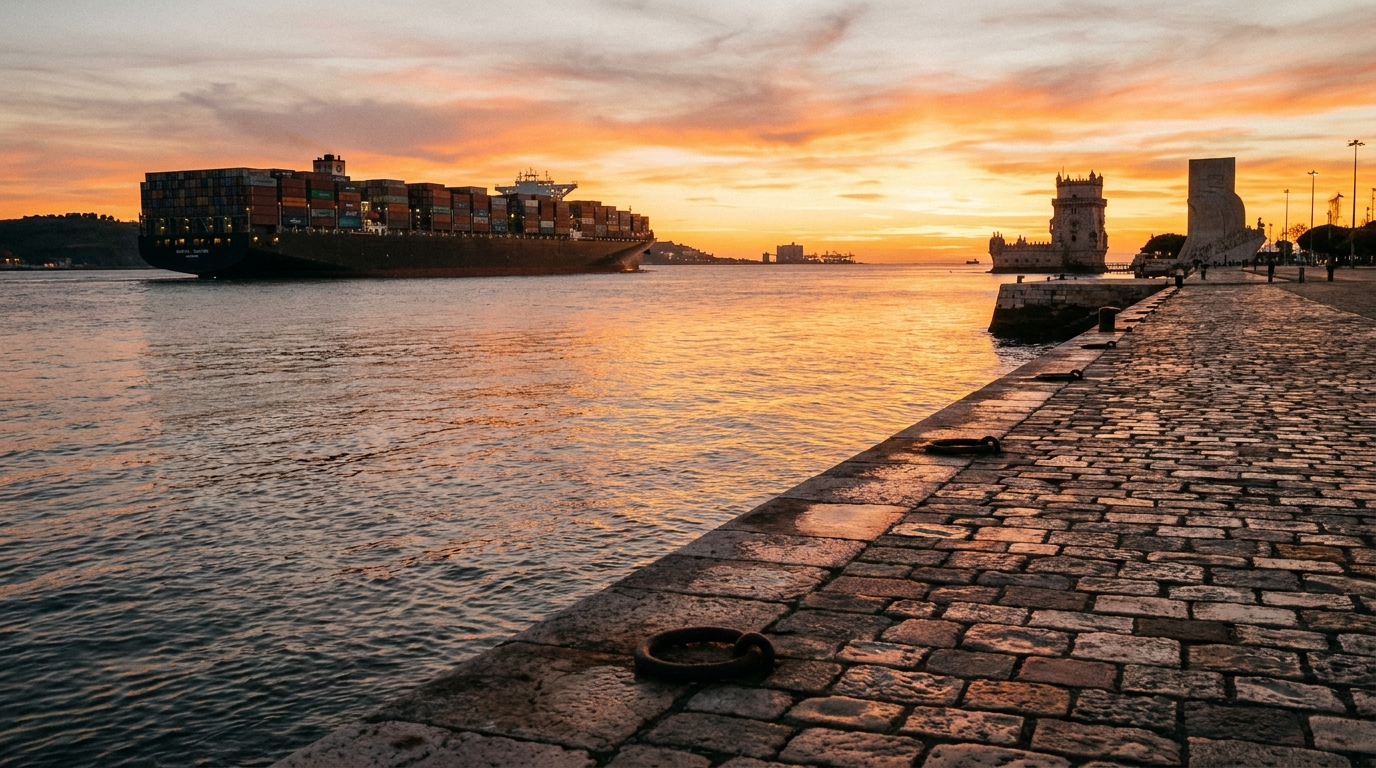 Le Tage au crépuscule vu depuis les quais de Belém, un cargo au loin