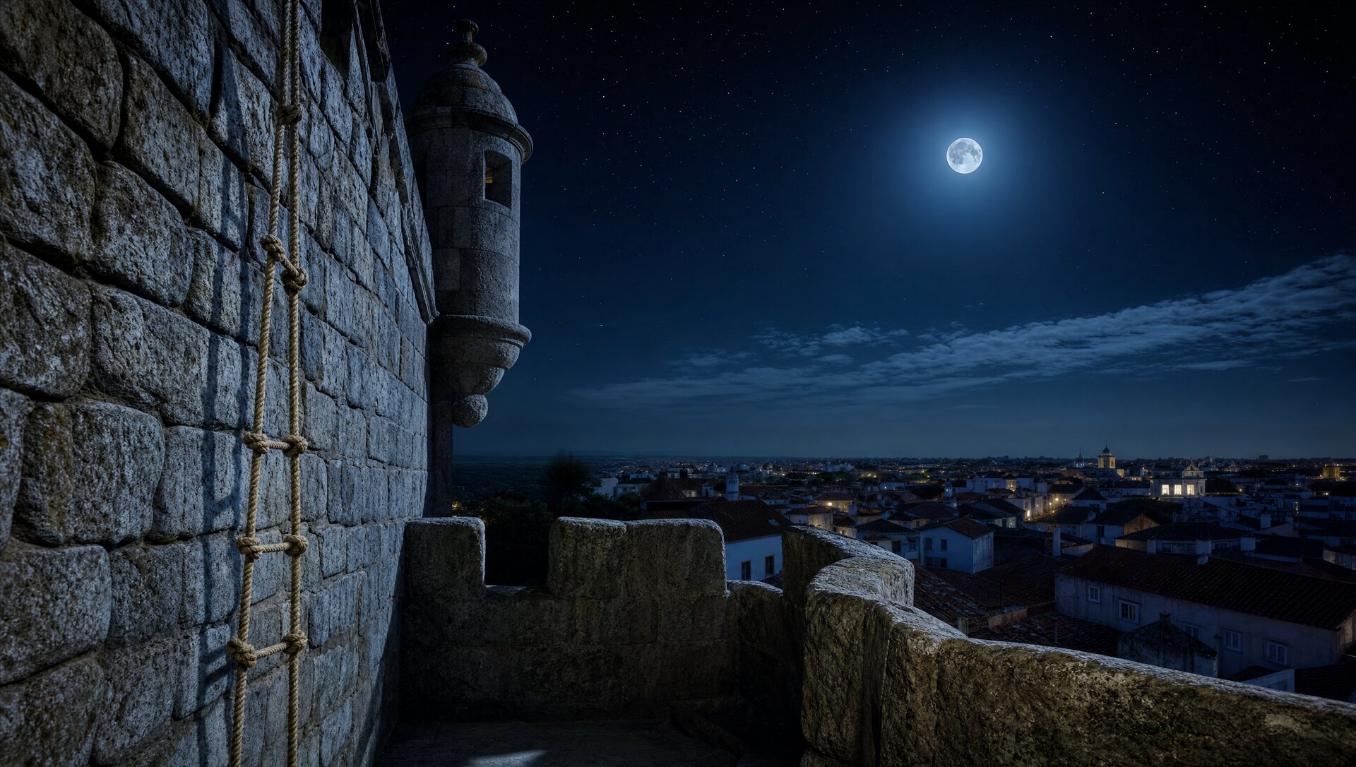 Tour de guet médiévale en pierre au clair de lune, échelle de corde le long du mur, atmosphère de conte nocturne et de ruse silencieuse, ciel étoilé au-dessus des toits d'Évora
