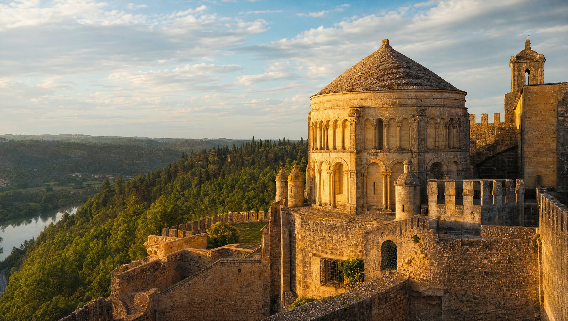 Charola du couvent du Christ à Tomar, église ronde templière romane inspirée du Saint-Sépulcre, château fort de pierre dorée sur une colline verdoyante au-dessus de la rivière Nabão
